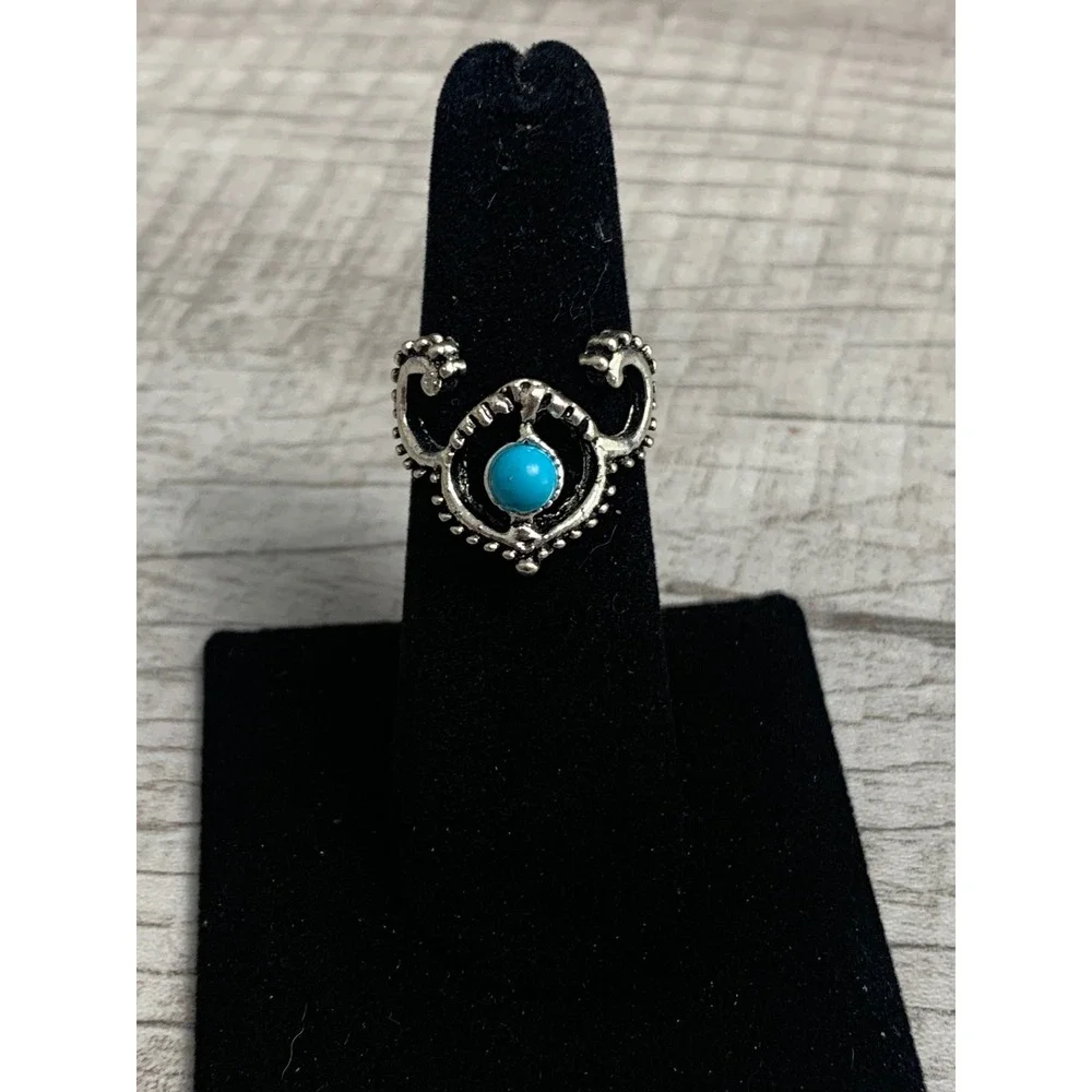 Boho Silver Tone Turquoise Cabochon Scrollwork Statement Ring Size 6.5